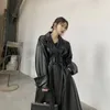 Lautaro Trench lungo oversize in pelle da donna manica lunga risvolto vestibilità ampia Autunno Elegante nero abbigliamento donna streetwear 240119