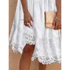 Sukienki swobodne damskie koronkowe białe sukienki krótkie rękawy plus wielkości dla kobiet solidny kolor elegancki elegancki streetwear y2k