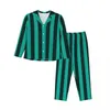 Vêtements de nuit pour femmes Pyjamas Femmes Vert Vertical Rayé Maison Lignes Noires 2 Pièces Casual Lâche Pyjama Ensembles À Manches Longues Costume Chaud