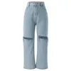 Jeans da donna Pantaloni larghi in denim strappati a vita alta a gamba larga da donna Pantaloni larghi a vita a pieghe Ropa De Mujer