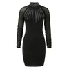 Casual Dresses Sexy Mesh Transparent Women Black Cocktail Dress Shiny Print Turtleneck Long Sleeve Bodycon Evening Party Mini