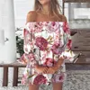 Casual Kleider Sommer Outfits Frauen Vintage Blumendruck Strand Schulterfrei Tunika Sommerkleider Lose Fit Glockenärmel Minikleid Vestidos