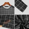Plaid Print Mesh T Shirty Men Slim Fit Long Seeve O-Neck TEE TOPS Summer Casual Mens Perspective Tight T-shirt 240122