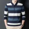 Autumn Winter Polo Mens kläder Löst randig långärmad tees Turndown Collar Shirt Business Casual Fashion Pockets Tops 240202