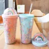 Reusable Plastic Tumbler With Dome Lids Bubble Rainbow Decor 2-Layer Cups 550ml Plastic Cups With Lids Tumbler With Straw wzpi 240130