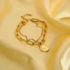Link Armbänder Ins 2024 Mode 18 Karat vergoldet Edelstahl Doppelkette Runde Münze Anhänger Armband Schmuck Für Frauen Mädchen Geschenk