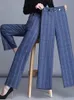 Oversize 4xl xadrez escritório calças retas coreano moda feminina formal perna larga pantalones casual ol calças de cintura alta 240201