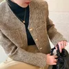 Vestes pour femmes Tweed manteau automne hiver coréen simple veste col rond rétro simple boutonnage design costume kaki vêtements d'extérieur haut I185