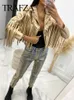 TRAFZA Womens Fashion Streetwear Jacket Casual Cropped Gold Faux Leather Coat Long Sleeve With Tassel Female Outerwear Chic Top 240122