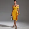 Casual Dresses Yellow Bandage Dress Women Party Bodycon Elegant Ruffle Sexy Off Shoulder Evening Birthday Club Outfits Summer