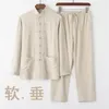 Tute da uomo oversize stile cinese Set vestito di linguetta manica lunga retrò Hanfu Tai Chi pantaloni di lino in cotone solido Pant 2 pezzi