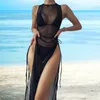Dames Badmode 3 stks/set Vrouwen Bikini Cover Up Set Driepunts Kant Gewatteerd Strand Doorzichtige Mesh Mouwloze Lange Jurk