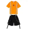 Bühnenkleidung Hip-Hop-Tanzkostüme für Kinder Orange T-Shirts Schwarze Weste Shorts Anzug Streetwear Jungen Mädchen Jazz Performance Kleidung DQS13200