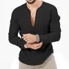 Men's T Shirts 2024 Spring Summer Cotton Linen Long Sleeve Deep V-neck Solid T-shirts Male Casual Breathable Comfort Tops Tees