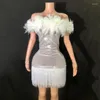 Escenario desgaste brillante plata diamantes de imitación vestido con flecos pluma blanca noche mujeres cumpleaños celebrar traje espectáculo traje XS6558