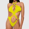ARXIPA Sexy Bikinis One Piece Swimsuit for Women High Cut Bathing Suit Padded Push Up Beachwear Thong Solid Cross Bandage Ring Hollow Out Halter Monokini