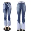 Damenhose, modisch, Retro-Stil, lässig, Jeans, zweifarbiger Nahtgürtel, Multi-Pocket-Design, hohe Taille, schöner Denim, ausgestellt, lang