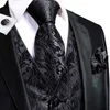 HiTie Black Men Silk Vest Paisley Jacquard Necktie Hankerchief Cufflinks Sets Male Sleeveless VNeck Waistcoat Business Formal 240125