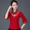 Etniska kläder traditionella kinesiska kvinnor toppar mode bomull broderi hanfu qipao skjorta kvinnlig smal stil stativ krage blus