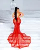 2024 Aso Ebi Illusion Red Sirène Prom Vobe Péled Lace Lace Evenant Formal Fête Deuxième réception Robes de fiançailles d'anniversaire Robe de Soiree ZJ114