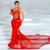 2024 Aso Ebi Illusion Red Sirène Prom Vobe Péled Lace Lace Evenant Formal Fête Deuxième réception Robes de fiançailles d'anniversaire Robe de Soiree ZJ114