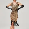 Anni '20 Vintage Flapper Grande Gatsby Vestito da festa Scollo a V senza maniche Paillettes Abiti stile bordato Nappa Flapper Vestito estivo Abiti 240131