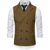 Men's Vests Men Vest Brown Herringbone Double Breasted Buckle Solid Business Casual Waistcoat Regular Slim Banquet Suit