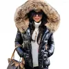 Mulheres Trench Coats Faux Fur Collar Brilhante Mulheres Parka Jaqueta de Inverno Algodão Para Baixo Com Capuz Sobretudo À Prova de Vento Casacos Casuais Casaco Outerwear