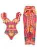 Kvinnors badkläder Summer One Piece 2024 Fashion Flower Print Bathing Suits Ruffles Bikini Beach Long kjol Kvinna