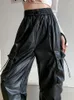 Calças femininas marrom para mulheres faux couro cintura alta streetwear casual perna larga lace-up moda vintage reta