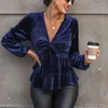 Damesblouses Dames Fluwelen overhemd Elegant Lente Herfst Diepe V-hals Ruches Buste Gelaagd Slanke taille Dames Dames Lange mouwen Topblouse