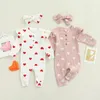 Vêtements pour bébés filles, Costumes de printemps et d'automne, tricotés à manches longues, imprimé cœur, barboteuse, combinaison avec bandeau, tenue 240202