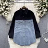 Kadınlar Buzlar Denim Bluz Kadınlar Moda Uzun Kollu Dönüş Yaka Yakası Tek Patchwork Gömlek Sonbahar Şık Bayan Üstler Drop