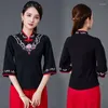 Etniska kläder traditionella kinesiska kvinnor toppar mode bomull broderi hanfu qipao skjorta kvinnlig smal stil stativ krage blus