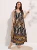 Finjani Plus حجم النساء عتيقة الطباعة فستان طويل 2023 Summer Vev Vev Neck Sleeve Aline Female Elegant Sencort Drese 240129
