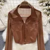 Women's Blouses Sexy Cool Mesh Patchwork Long Sleeve Pu Zipper Shirt Blouse Woman Korean Fashion Slim Fit Crop Top Autumn Women Clothing