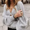Grey Cardigan Sweater Women Cozy Soft Knit Button Up VNeck Jumper Basic Knitwear Autumn Winter Outfit 240127