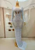 Stage Wear Sparkly Pearls Silver Rhinestones White Transparent Long Train Dress Evening Birthday Celebrate Sexy See Through Langhua