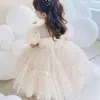 Bebek Şampanya Vaftiz Elbise Sevimli Kız Sequin Puff Sleeve Peri Balo Gown Born 1 Yıl Doğum Günü Kıyamet Kids Resmi Parti Elbisesi 240122