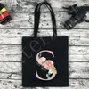 Shopping Bags 26 Letters Pink Flower Printing Women Travel Tote Bag Cute Canvas Large Capacity Portable Shoulder Handbag