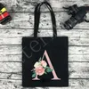 Shopping Bags 26 Letters Pink Flower Printing Women Travel Tote Bag Cute Canvas Large Capacity Portable Shoulder Handbag