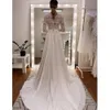 Long Train Church A Line Wedding Dresses For bride Long Sleeves Lace Appliques Sheer Neck Elegant Ivory Tulle Bridal Gowns Spring Robe De Mariee