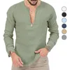 Camisetas para hombre 2024 Primavera Verano algodón Lino manga larga cuello pico profundo camisetas sólidas hombre Casual transpirable comodidad camisetas