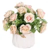 Decorative Flowers Vase Roses Fake Emulated Potted Plants Faux Flowerpot Lifelike Artificial Porcelain