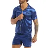 Modisches Herren-Pyjama-Set aus seidigem Satin, einfarbig, kurze Ärmel, T-Shirt-Oberteile mit Knöpfen und elastischem Bund, Boxershorts, Nachtwäsche 240131