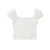 Kvinnors T-skjortor Summer Square Neck Kort ärm Fragmenterad Puff T-shirt Lace Panel Top For Women