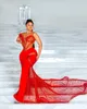 2024 Aso Ebi Illusion Red Sirène Prom Vobe Péled Lace Lace Evenant Formal Fête Deuxième réception Robes de fiançailles d'anniversaire Robe de Soiree ZJ114