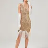 Anni '20 Vintage Flapper Grande Gatsby Vestito da festa Scollo a V senza maniche Paillettes Abiti stile bordato Nappa Flapper Vestito estivo Abiti 240131