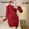 Abiti casual Rosso Abito maglione da donna 2024 Spaghetti Strap Off Spalla Manica lunga Vita Sexy Mini Y2K Carino Vintage lavorato a maglia