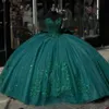 Emerald Green Appliques spets tull ball klänning quinceanera klänning från axel glitter kristallkorsett vestidos 15 de xv anos